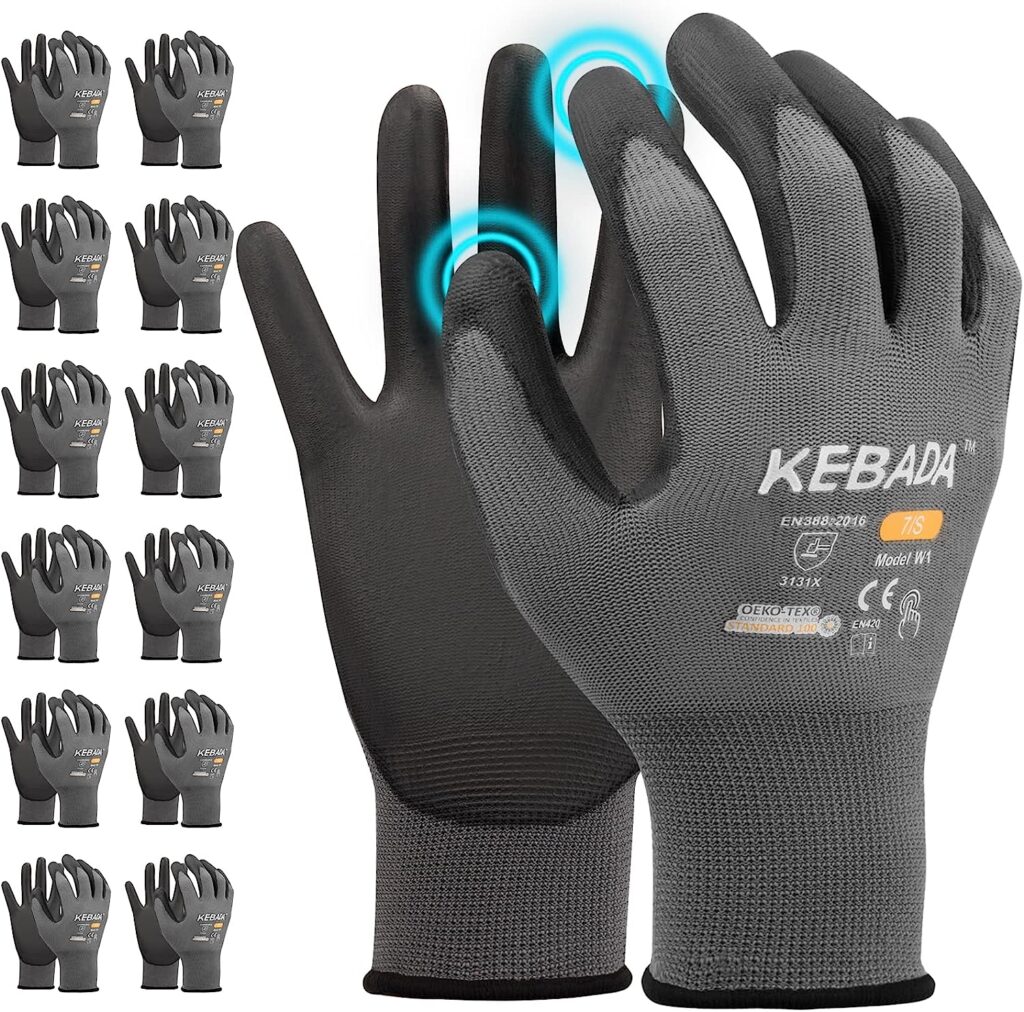 Kebada W1 Work Gloves for Men and Women,Touchscreen Working Gloves with Grip,12 Pairs Bulk Pack Mechanic Gloves,PU Coating on Palm Fingers,Breathable Mens Gardening Gloves,Lightweight,Gray Large