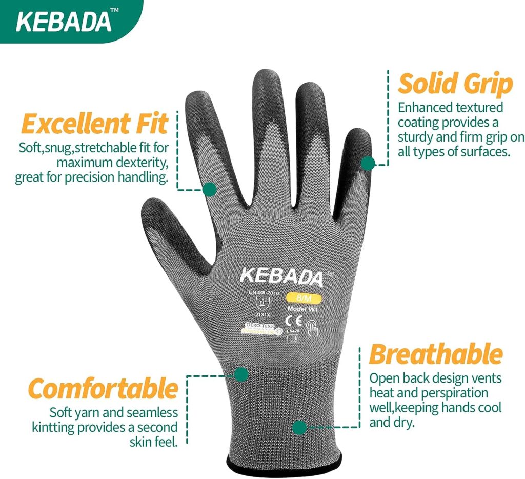 Kebada W1 Work Gloves for Men and Women,Touchscreen Working Gloves with Grip,12 Pairs Bulk Pack Mechanic Gloves,PU Coating on Palm Fingers,Breathable Mens Gardening Gloves,Lightweight,Gray Large