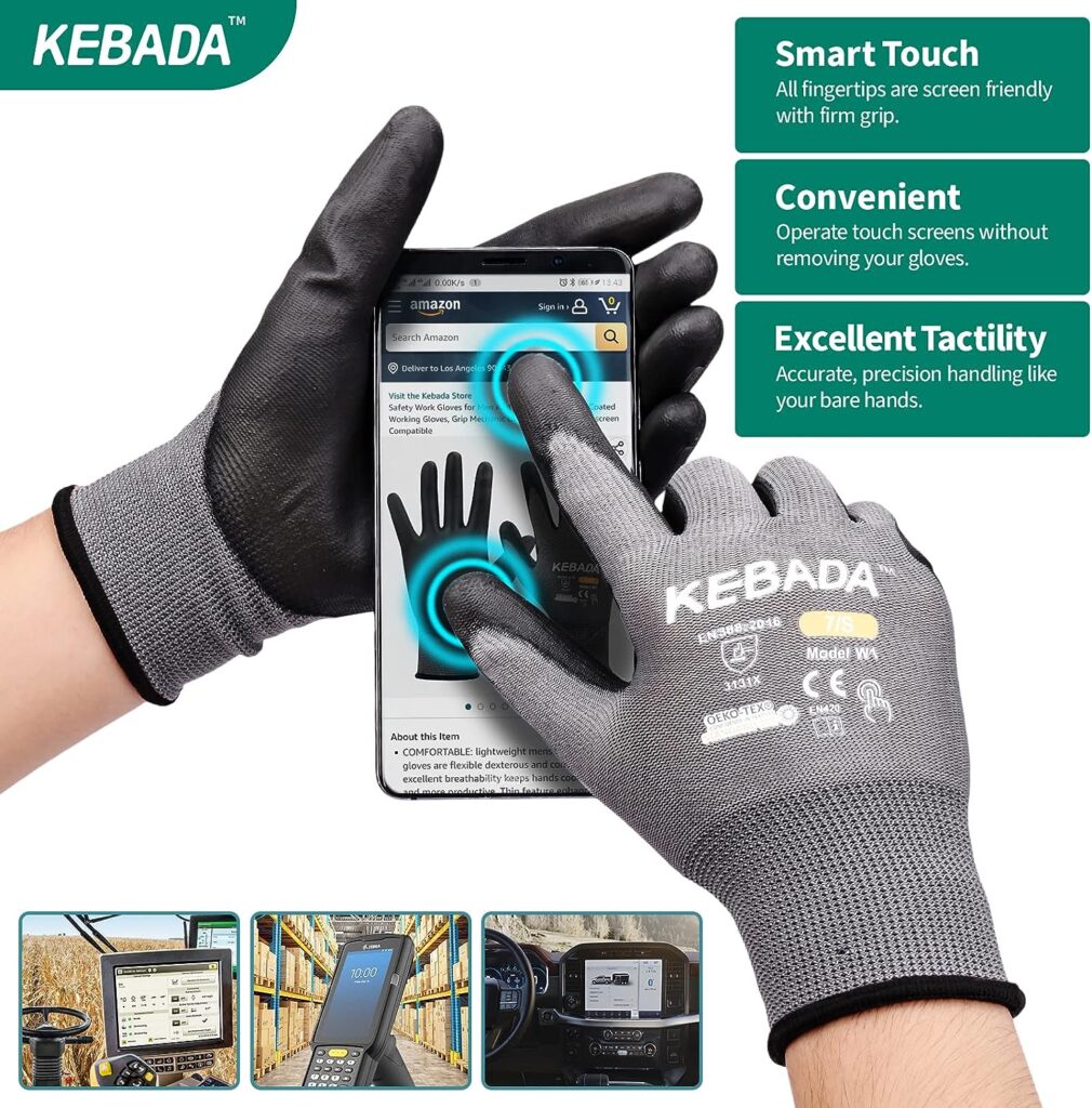 Kebada W1 Work Gloves for Men and Women,Touchscreen Working Gloves with Grip,12 Pairs Bulk Pack Mechanic Gloves,PU Coating on Palm Fingers,Breathable Mens Gardening Gloves,Lightweight,Gray Large