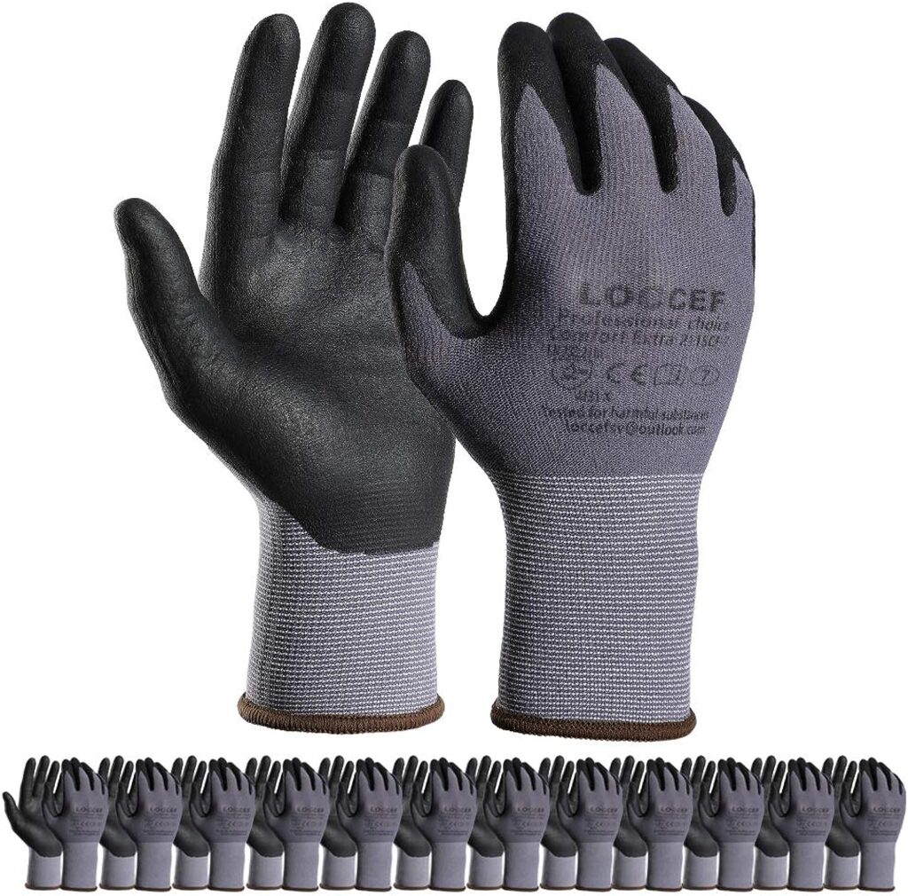 LOCCEF Safety Work Gloves MicroFoam Nitrile Coated-12 Pairs,Seamless Knit Nylon Gloves,Home Improvement,Micro-Foam Gloves