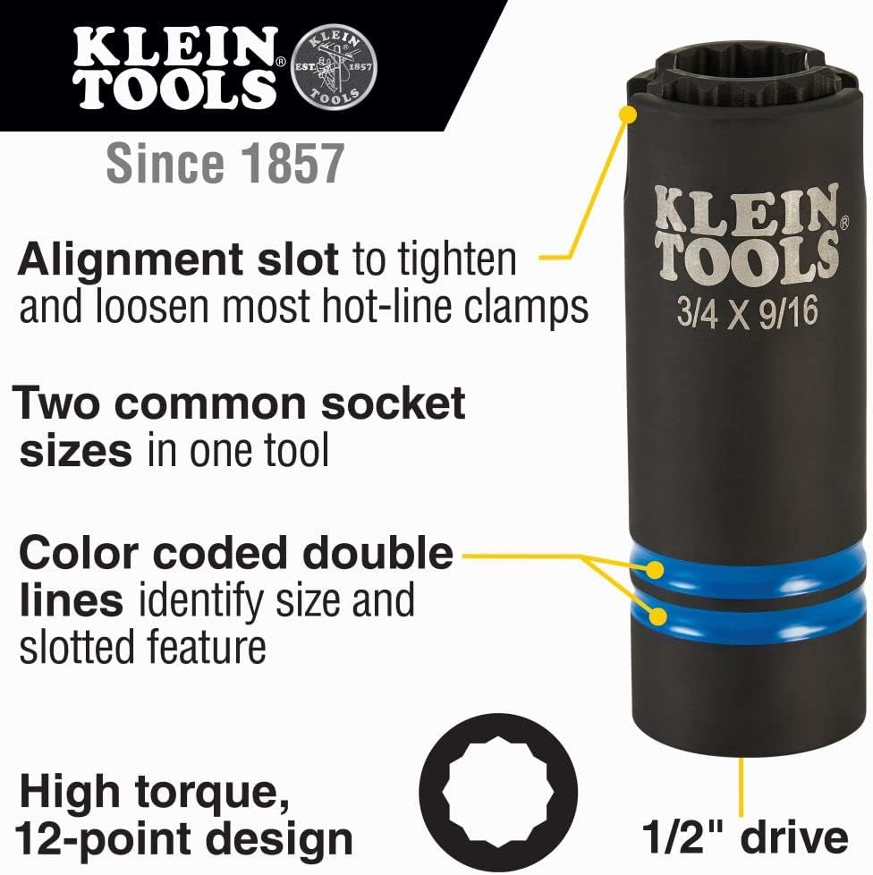 Klein Tools 66031 3-in-1 Slotted Impact Socket, 12-Point Deep Sockets, Coaxial Spring Loaded, 3/4 and 9/16-Inch Hex Sizes, 1/2-Inch Drive