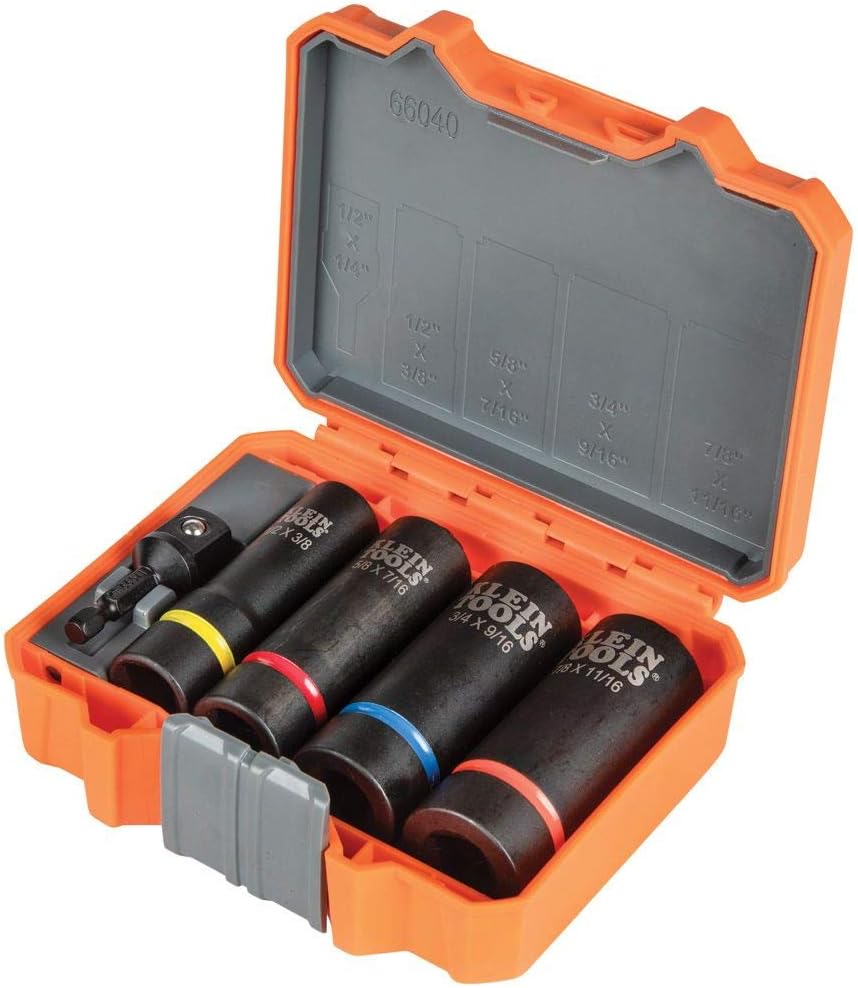Klein Tools 66040 2-in-1 Impact Socket Set, 5-Piece Tool Set with 12-Point Deep Sockets with 1/2-Inch Drive, Includes Tool Case