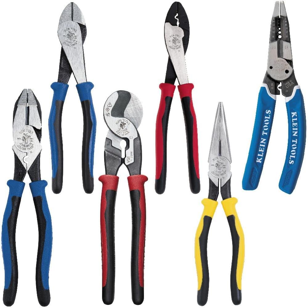 Klein Tools 80086 Journeyman Plier Kit, High Leverage Side Cutting, Diagonal, Long Nose Pliers to Strip, Cut and Crimp Wire, 6-Piece