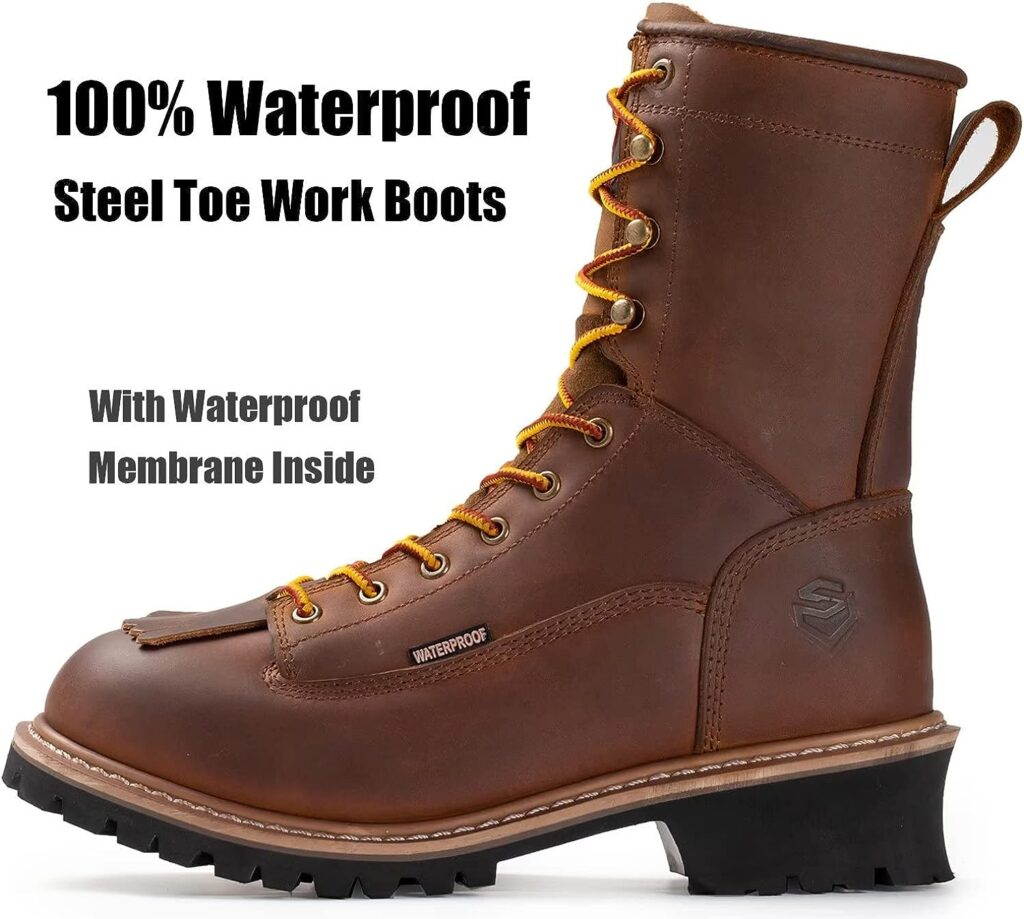SUREWAY Mens 8 Waterproof Steel-Toe Logger Work Boot, Superior Oil/Slip Resistant,Thicker Full Grain Leather,Wedge Rubber Sole,EH Rated