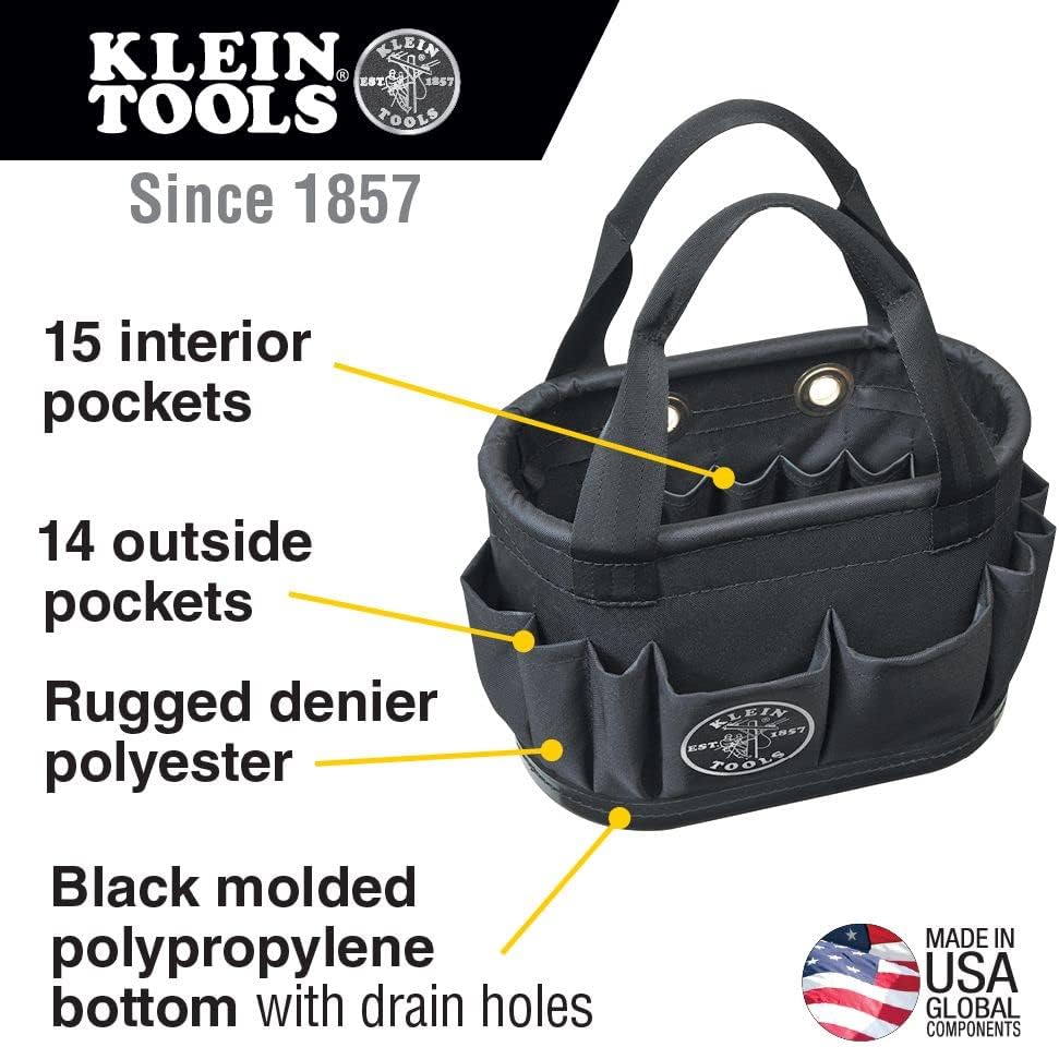 Klein Tools 5144BHB14OS Hard-Body Bucket, Aerial Oval Tool Bucket with Drain Holes, 29 Pockets