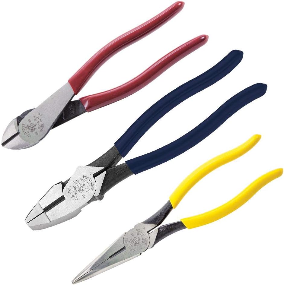 Klein Tools 80020 Tool Set with Linemans Pliers, Diagonal Cutters, and Long Nose Pliers, with Induction Hardened Knives, 3-Piece
