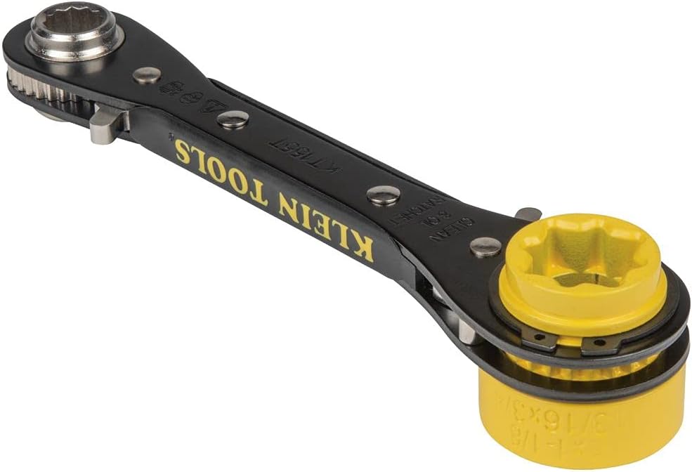 Klein Tools KT155T 6-In-1 Linemans Ratcheting Wrench with Bolt Through Design and Bright Yellow Socket