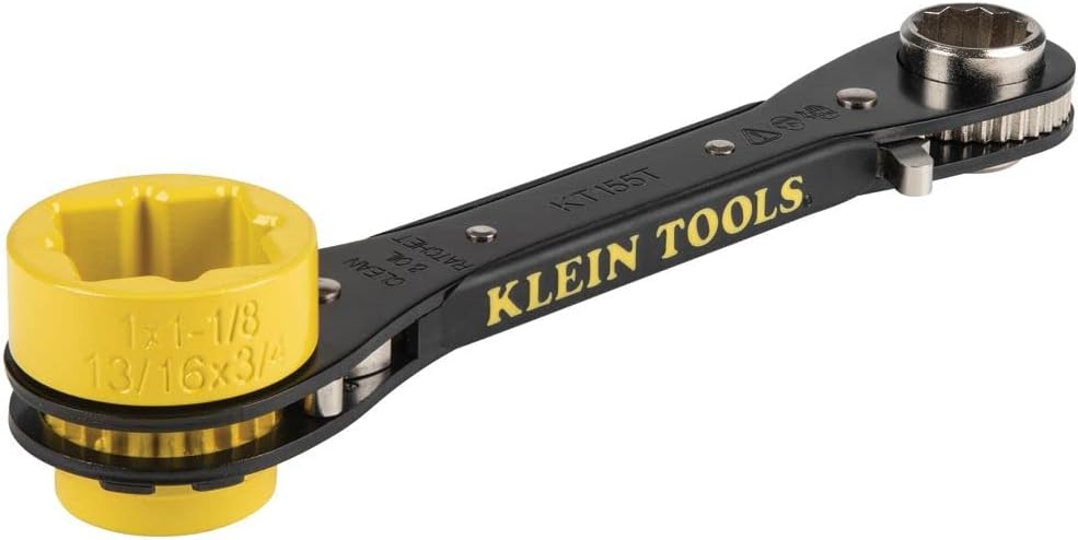 Klein Tools KT155T 6-In-1 Linemans Ratcheting Wrench with Bolt Through Design and Bright Yellow Socket