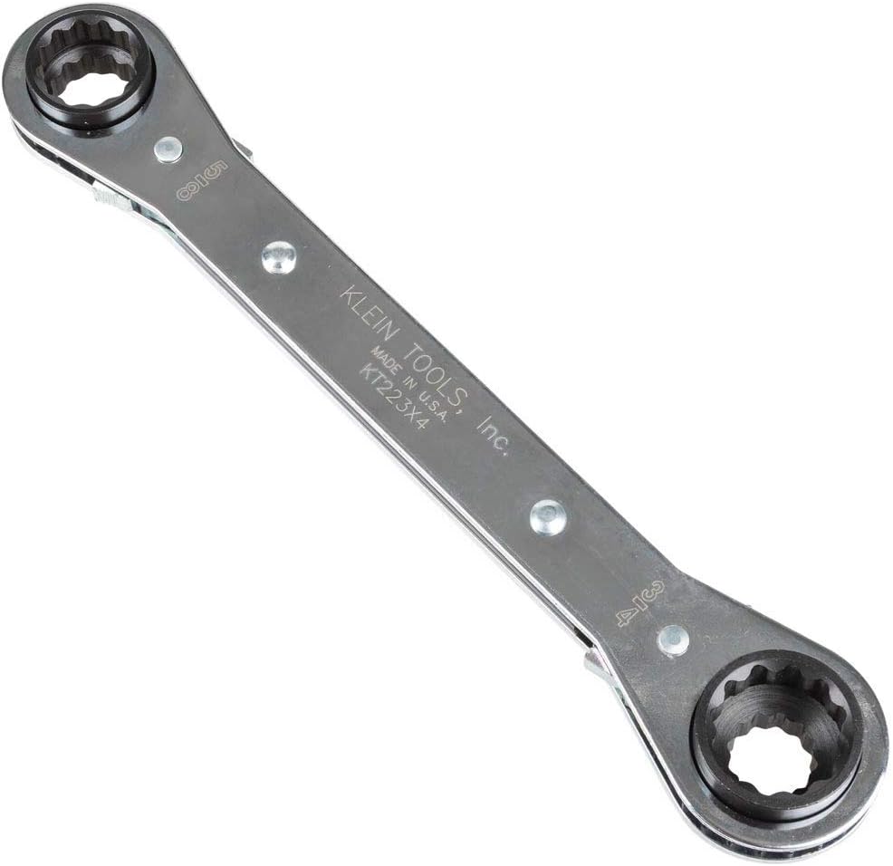 Klein Tools KT223X4 Linemans Ratcheting 4-In-1 Box Wrench with 1/2-, 9/16-, 5/8-, and 3/4-Inch Sockets