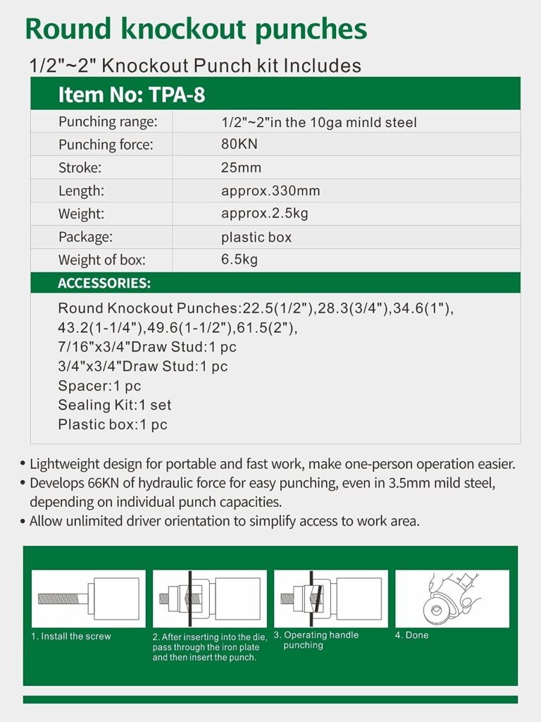 UTZIKO Hydraulic Knockout Hole Punch Driver Kit 1/2 to 2 inch Electrical Conduit Hole Cutter Set KO Tool Kit Metal Sheet Puncher